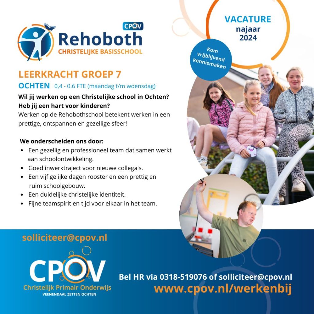 Vacature leerkracht basisschool Rehoboth Ochten groep 7 parttime